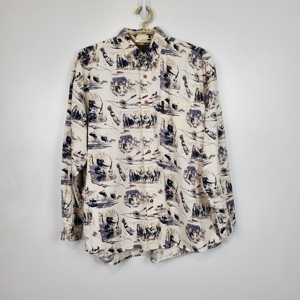 North River Bow Farm Hunter Deer Elk Print Button Down Men's Cotton Shirt Size L